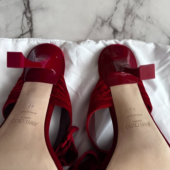 Jimmy Choo Red Velvet Bow Flaca Heels - Picture 7 of 8